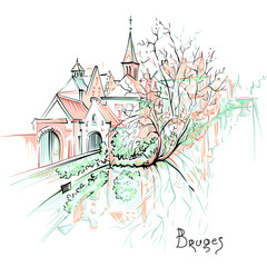 Vector scenic city sketch, view of Bruges canal with beautiful medieval houses and church, Belgium