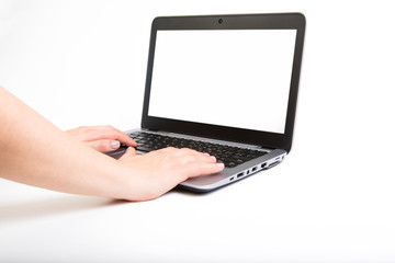 hand with modern notebook computer isolated on white background