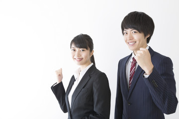 ビジネス　男女2人　ガッツポーズ　カメラ目線就活汎用