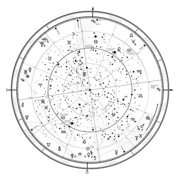 Astrological Celestial map of Northern Hemisphere. Horoscope on January 1, 2018 (00:00 GMT). Detailed outline chart with symbols and signs of Zodiac, planets, asteroids & etc.