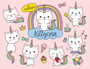 Cute white cat unicorn with rainbow horn and tail set including cute elements such as flower, ice-cream, cupcake, etc.
