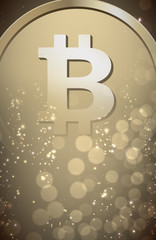 Bitcoin sign on blurred background.