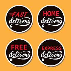 Set of Badge Designs with lettering Fast, Free, Home, Express delivery. Vector illustration.