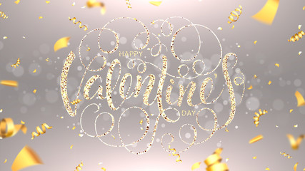 Fototapeta na wymiar Happy Valentine's Day Festive Banner. Vector Illustration with Glowing Hand Drawn Lettering. Beautiful Card with Sparkles, Golden Shiny Serpentine and Confetti.