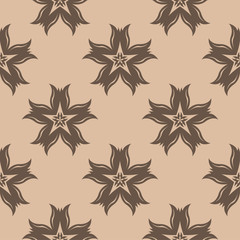 Brown floral ornament on beige background. Seamless pattern