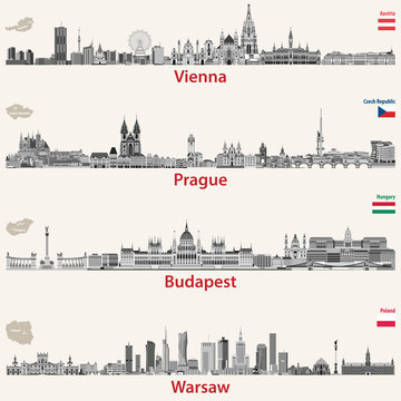 Vienna, Prague, Budapest and Warsaw vector cities skylines. Maps and flags of Austria, Czech Republic, Budapest and Poland.