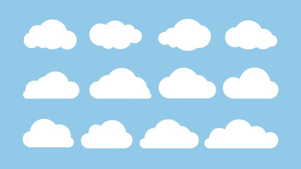 Cartoon flat set of white clouds isolated on blue background. Abstract element concept. Vector illustration
