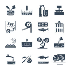 set of black icons food, meal production process, fish, cooking