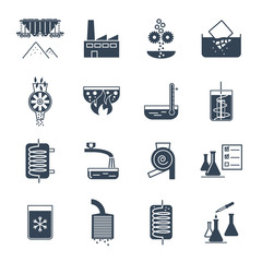 set of black icons industrial production process, equipment