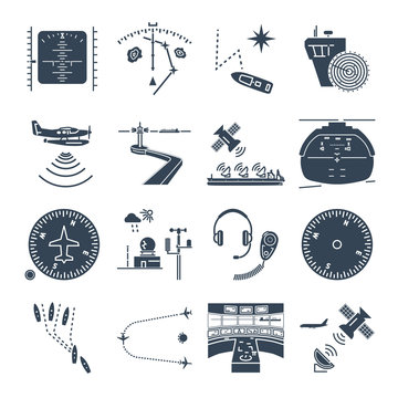 set of black icons sea and air navigation, equipment, devices