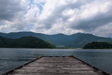 Naklejka na ściany i meble View from a pier at the lakeside of Kawaguchi lake, Japan