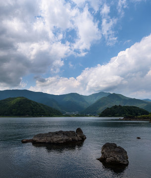 Rocky volcanic shores of the Kawaguchi lake, Japan
