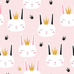 Bunny princess seamless pattern. Cute kids graphic. Vector hand drawn illustration. © bilaaa