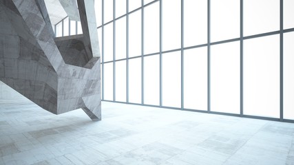 Abstract white and concrete interior multilevel public space with window. 3D illustration and rendering.