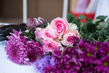pink flower on table for making bouquet. flora arrangement. blossom arranging