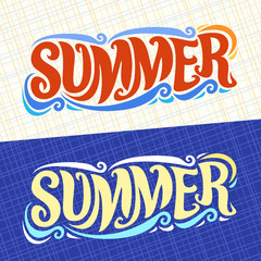 Fototapeta premium Vector banners for Summer season, lettering typography for calligraphic summer sign, decorative handwritten font for brush text summer, vintage summertime logo with waves on blue abstract background.