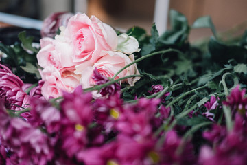 pink flower on table for making bouquet. flora arrangement. blossom arranging