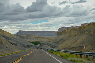 Utah State Route 24 highway passing through canyons and badlands near Capitol Reef National Park
Caineville, Wayne County, Utah, USA