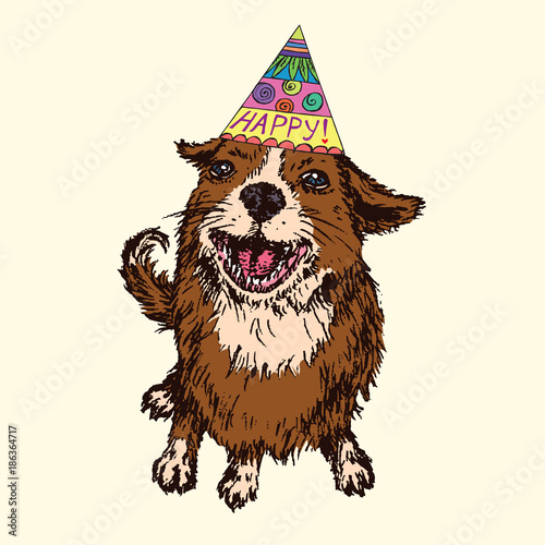 "Happy dog in party hat, white with brown patches, hand drawn doodle