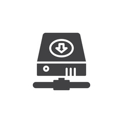Hard drive with download arrow icon vector, filled flat sign, solid pictogram isolated on white. Symbol, logo illustration.