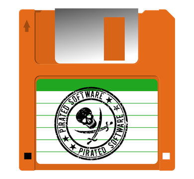 Diskette with pirated software, stamp with a skull