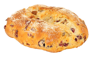 Cranberry, raisin and cashew nut bloomer bread loaf isolated on a white background