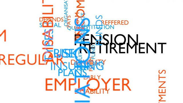 Pension, retirement word tag cloud. 3D rendering, loop able, white variant, UHD