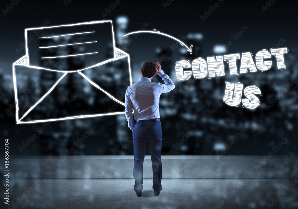 Poster businessman watching e-mail sketch on a rooftop 3d rendering