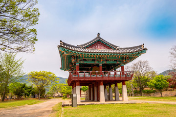 Fototapeta na wymiar Nangminnu pavilion of Naganeupseong Folk Village in Suncheon, A Traditional Hanok Village in South Korea.