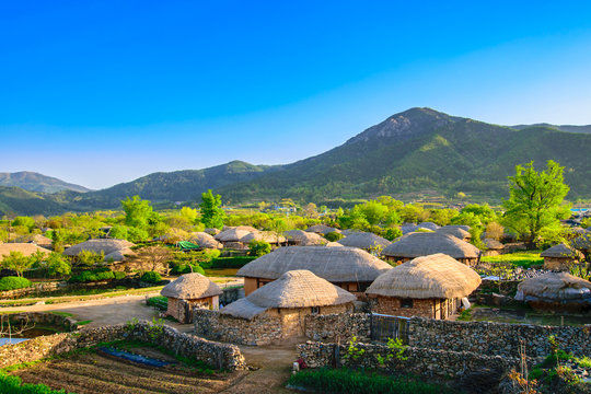 Beautiful green in spring morning of Naganeupseong Folk Village in Suncheon, A Traditional Hanok Village in South Korea.
