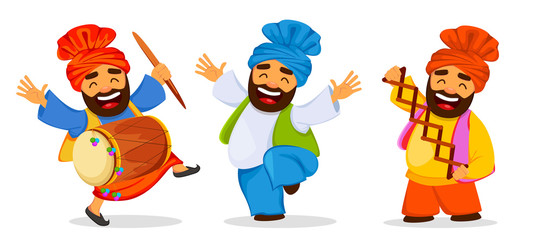 Funny dancing Sikh man celebrating holiday, set