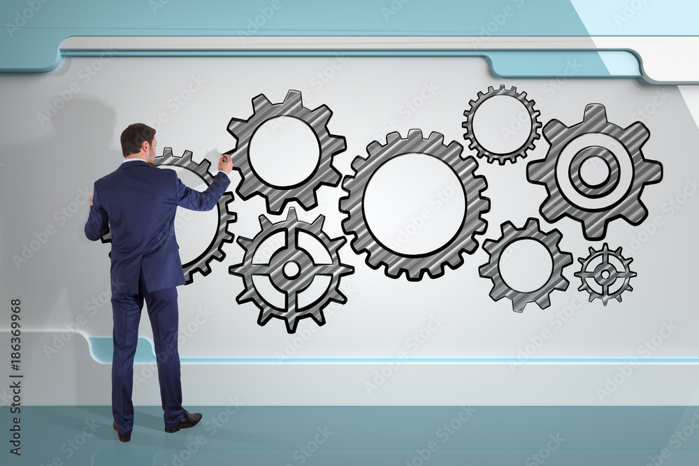 Poster businessman drawing gears sketch on a board 3d rendering