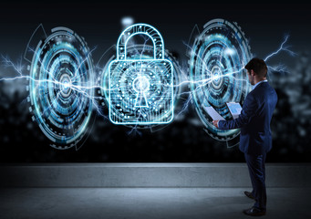 Businessman watching antivirus interface on a rooftop 3D rendering