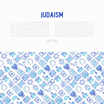 Judaism concept with thin line icons: Orthodox jew, star of David, sufganiyot, hamsa, candles, synagogue, skullcap, rosary, Western Wal, Tanakh. Modern vector illustration, template for web page.