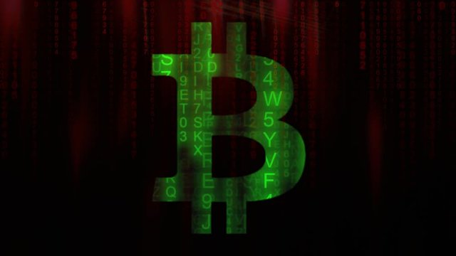 The symbol of a bitcoin appearing with green falling characters (red ones on the background).
