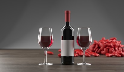 3D Rendering Of Stylish Wine Bottle, Pile Of Hearts And Glass Full OF Wine On Dark Oak Wooden Surface And Empty Space