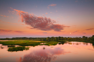 Fototapeta na wymiar River Landscape In Belarus Or European Part Of Russia In Sunset 