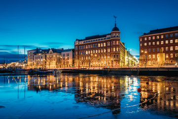 Fototapeta na wymiar Helsinki, Finland. View Of Pohjoisranta Street In Evening Or Night