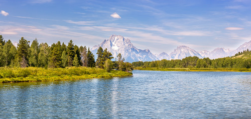 Panoramic view of Grand Teton National Park from Oxbow Bend over the Snake River in Wyoming