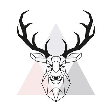 Vector geometric deer head. Stag head and antlers. Low poly style animal drawing. Vector illustration.
