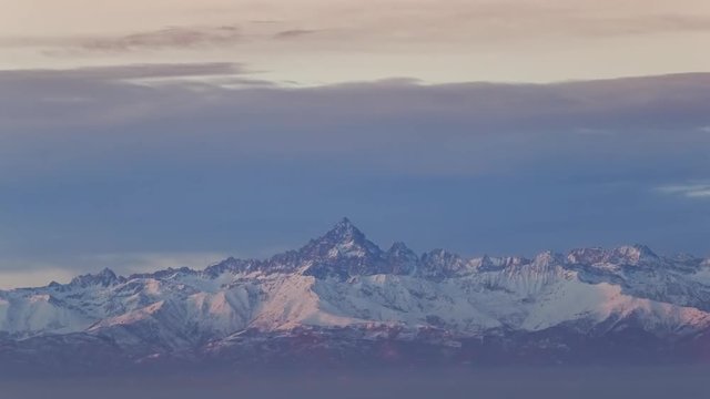 Timelapse of Monviso and Italian Snowy Alps Mountains in Winter at Sunrise