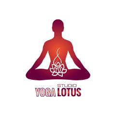 Yoga studio logo lotus pose man creative. Decorative modern design art emblem banner vector on isolated white background.