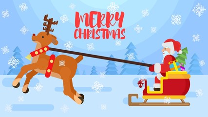 Santa is carrying gifts through the snow-covered forest, along w