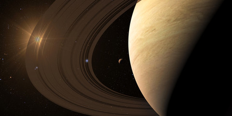 planet Saturn along with its satellites in space, close-up 3D rendering