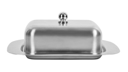 Fototapeta na wymiar Metal butter container on white background