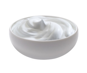 white cup filled of milk cream, isolated oh white without shadow
