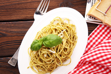 Italian pasta with pesto, spaghetti fresh  cuisine