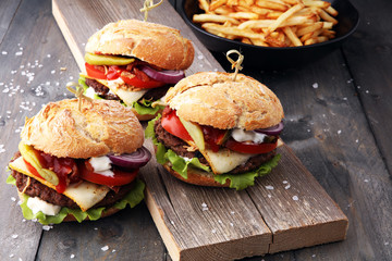 fresh tasty burger and french fries on wooden table