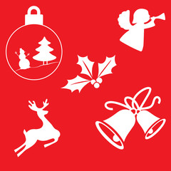 White Christmas decorations on red background