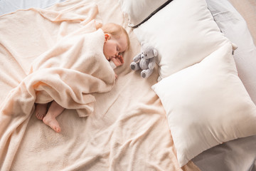 Top view of plump newborn napping on comfortable couch and nursing her finger